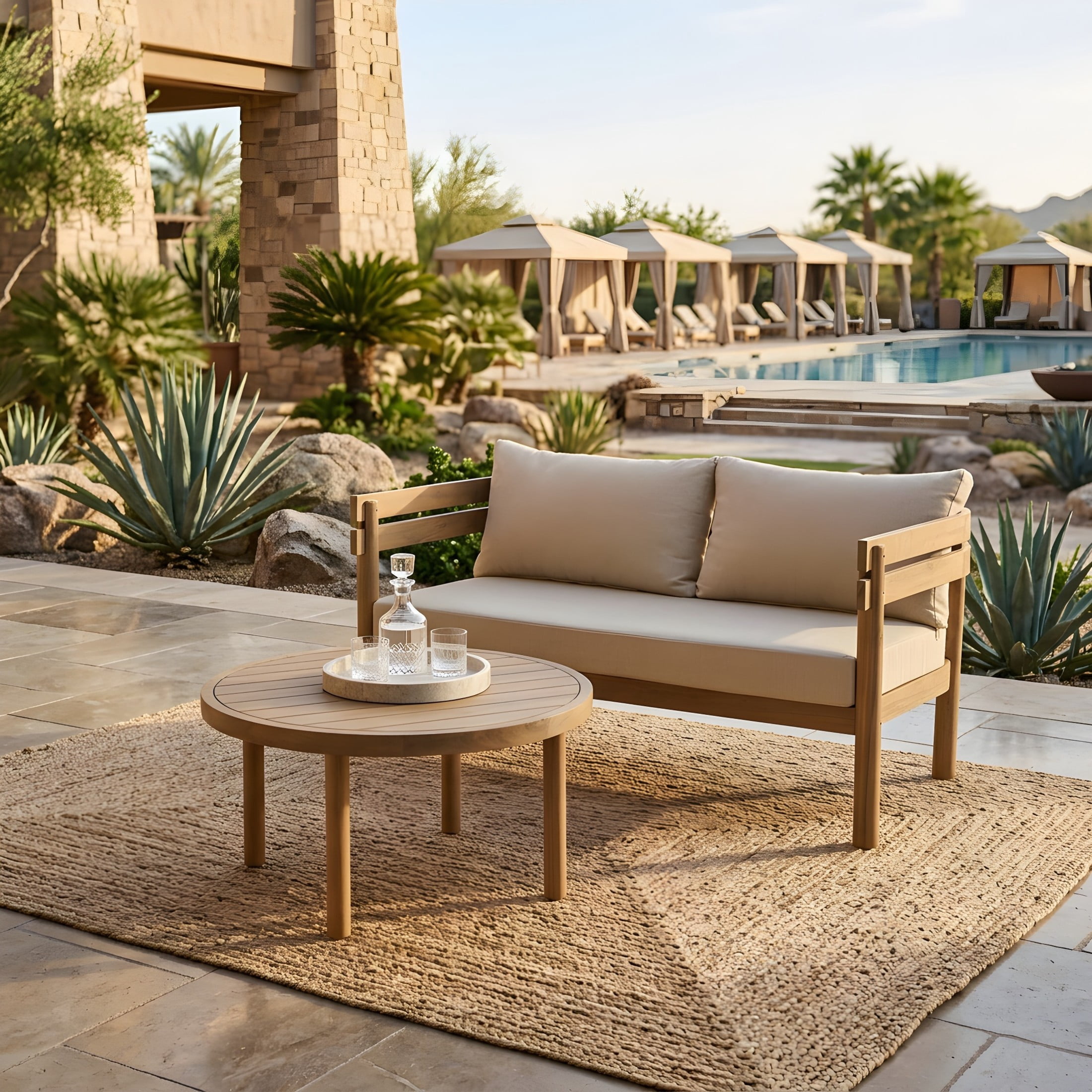 Christopher Knight Home 2-Piece Wood Patio Loveseat and Table Set with Cushions, Light Brown+Beige