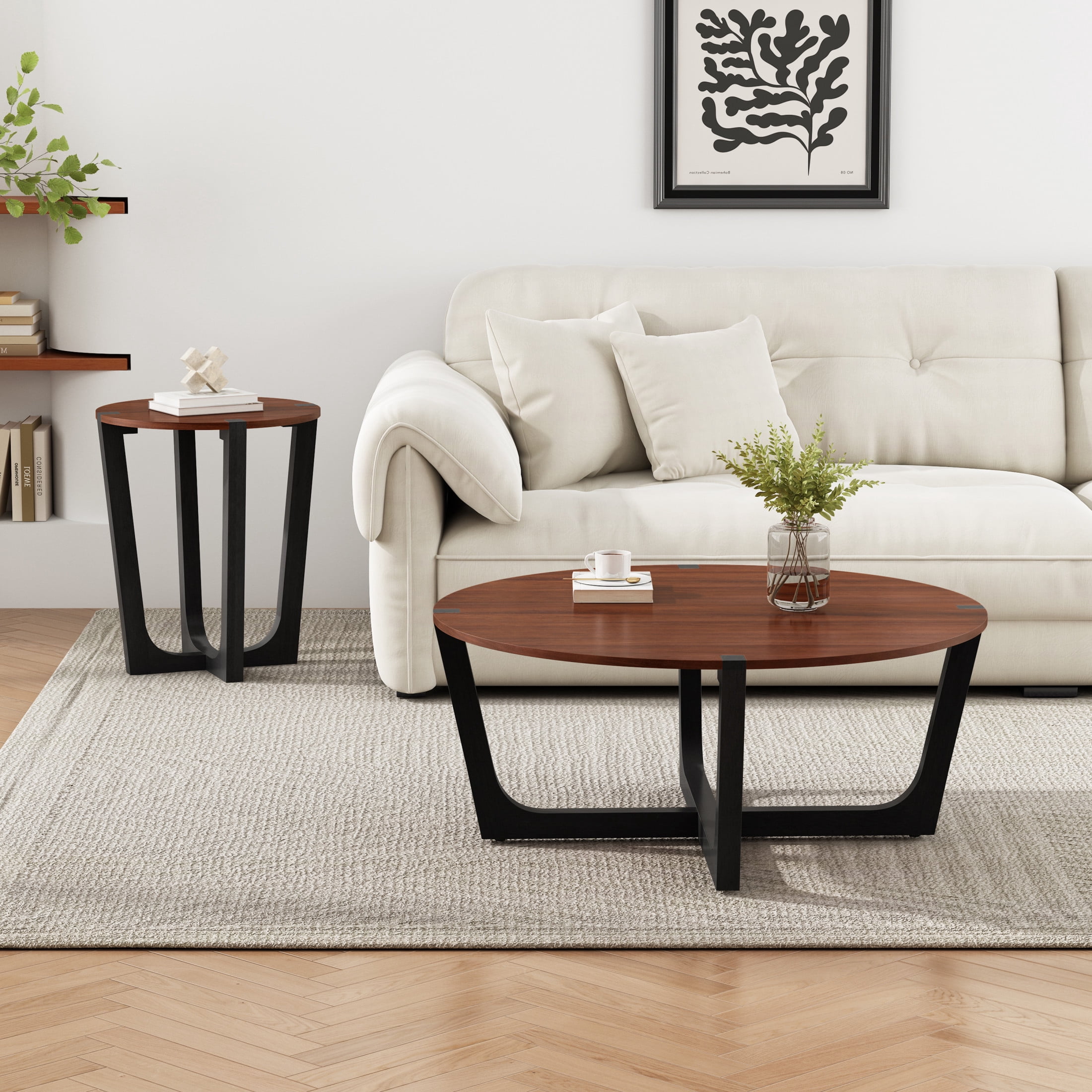 Christopher Knight Home 2-Piece Wood Table Set, Round Coffee Table and Side Table, Cross Bases, Natural+Black