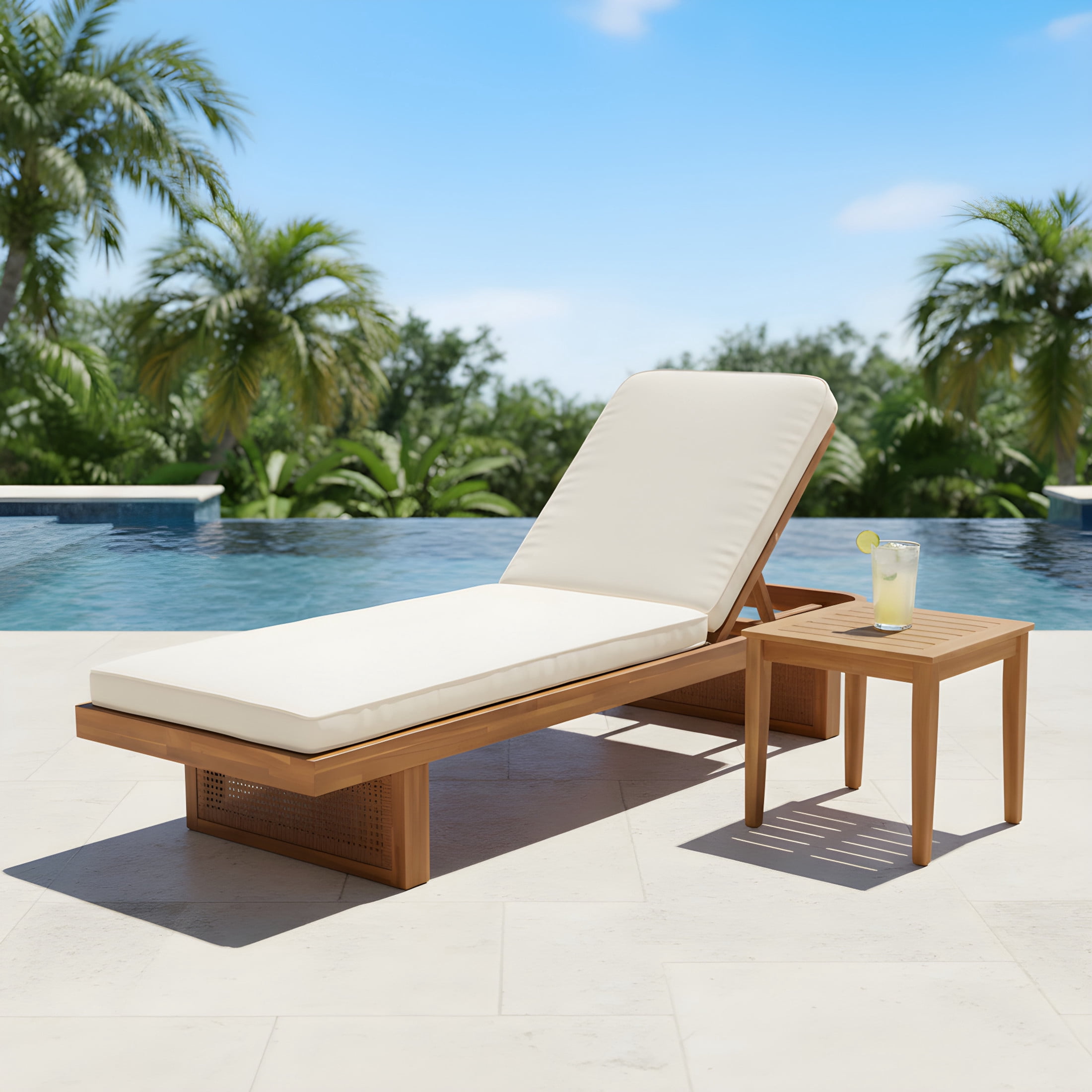 Christopher Knight Home 2 Pieces Acacia Wood Patio Chaise Lounge & Side Table Set, White Cushion