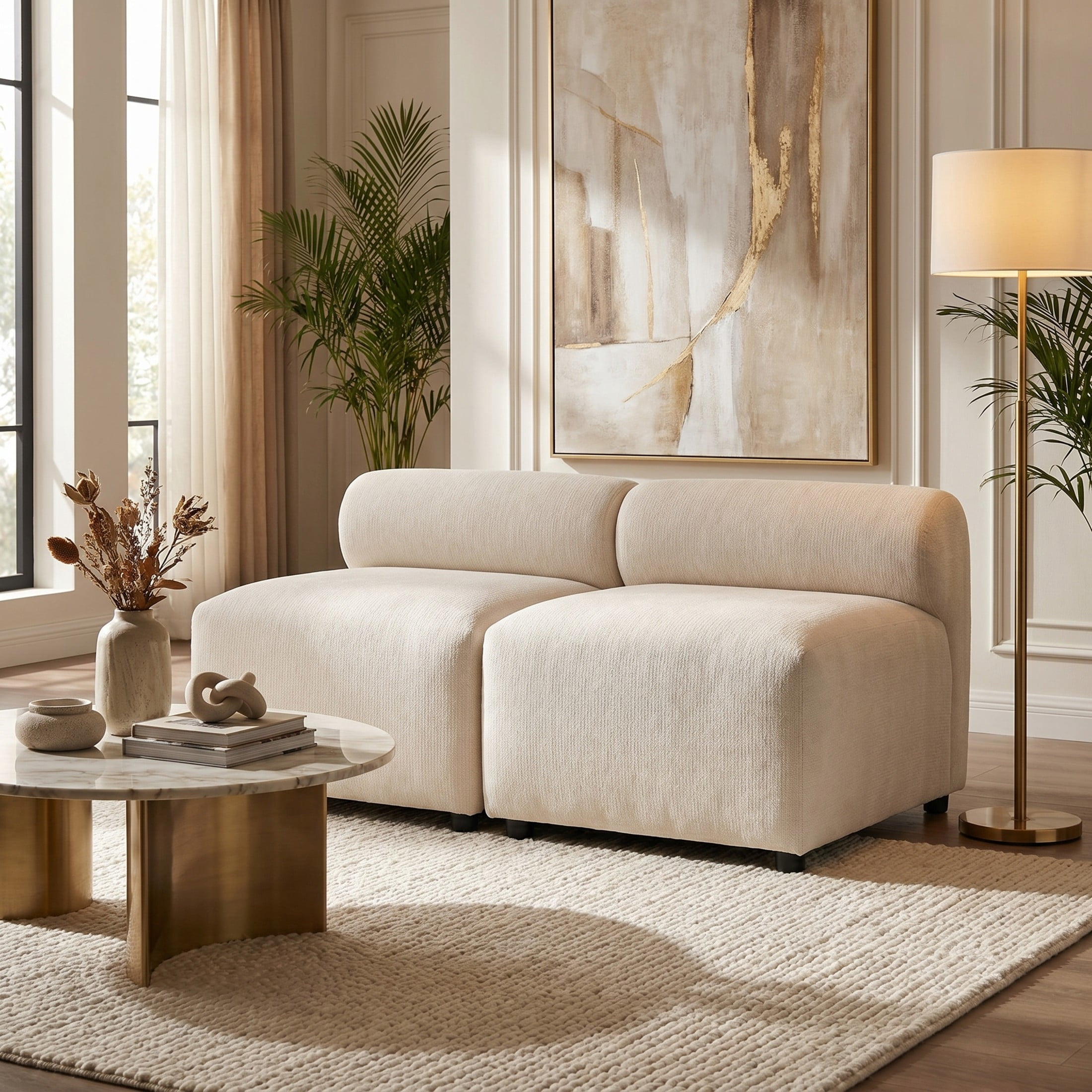 Christopher Knight Home 2-Seat Upholstered Modular Sectional Sofa, Round-Back with Deep Cushions, Beige