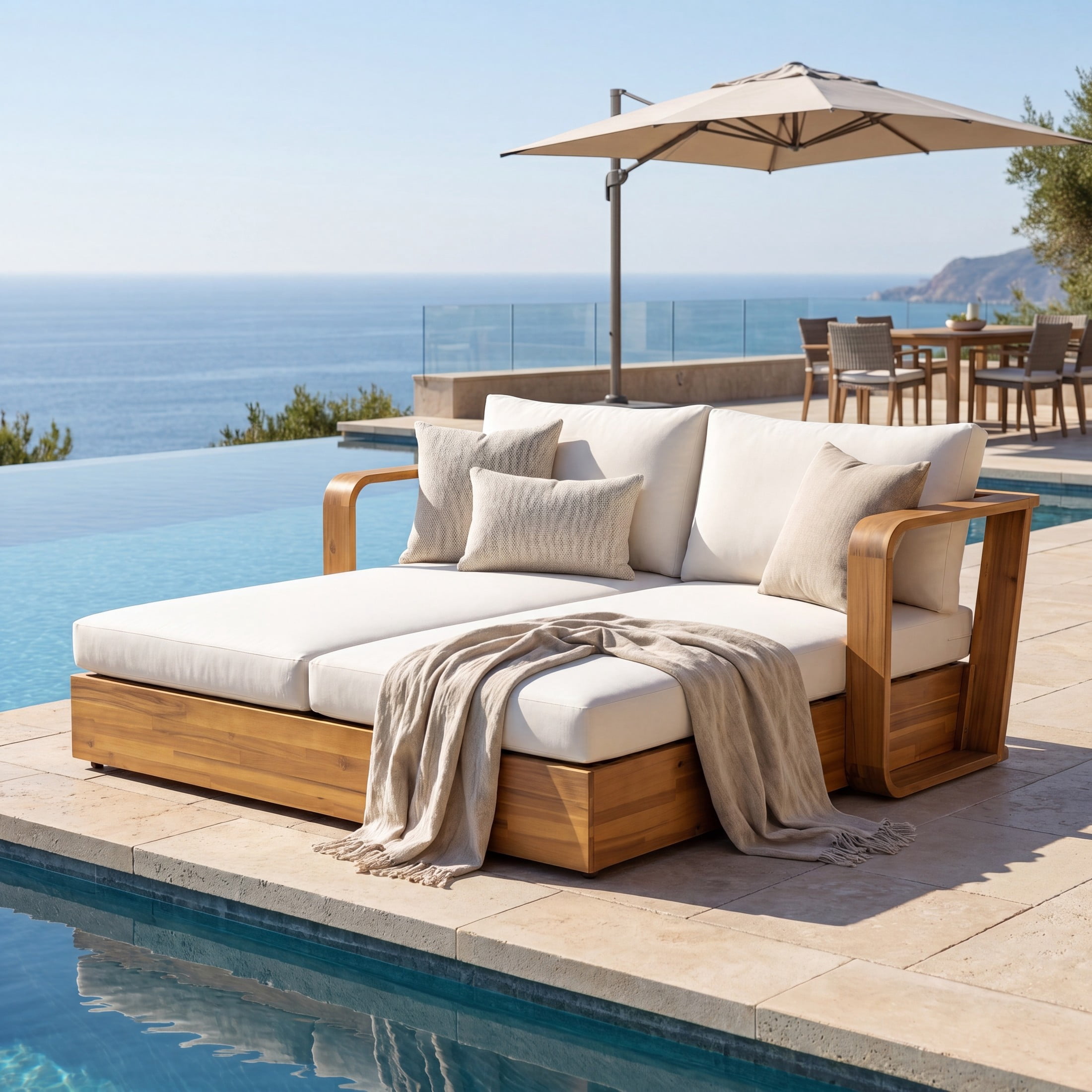 Christopher Knight Home 2-Seater Outdoor Daybed with Cushions, Acacia Wood Sofa Bed, Teak + Cream