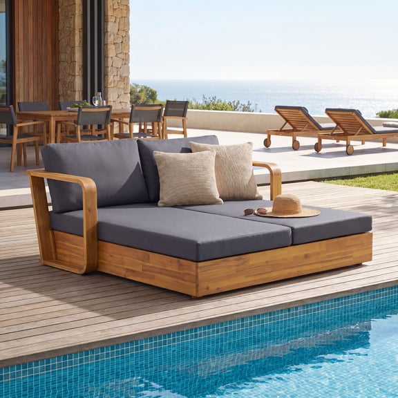 Christopher Knight Home 2-Seater Outdoor Daybed with Cushions, Acacia Wood Sofa Bed, Teak + Dark Gray