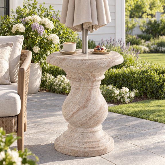 Christopher Knight Home 20" MGO Umbrella Base with Multiple Cap Sizes, Round Outdoor Patio Side Table, Travertine