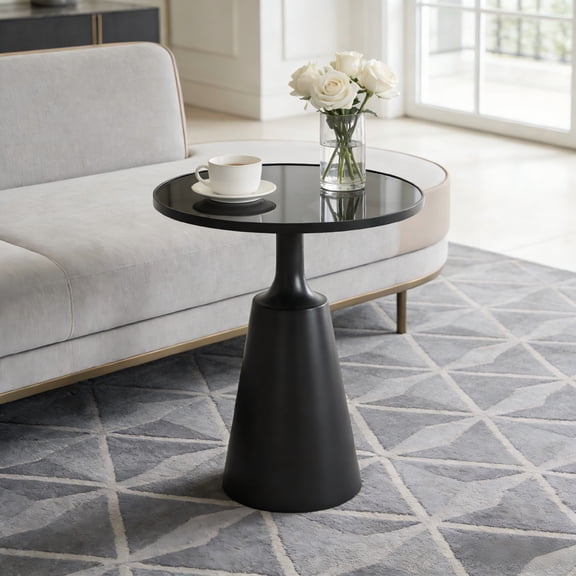 Christopher Knight Home 20" Round Glass Top Side Table, Modern Accent End Table, Black