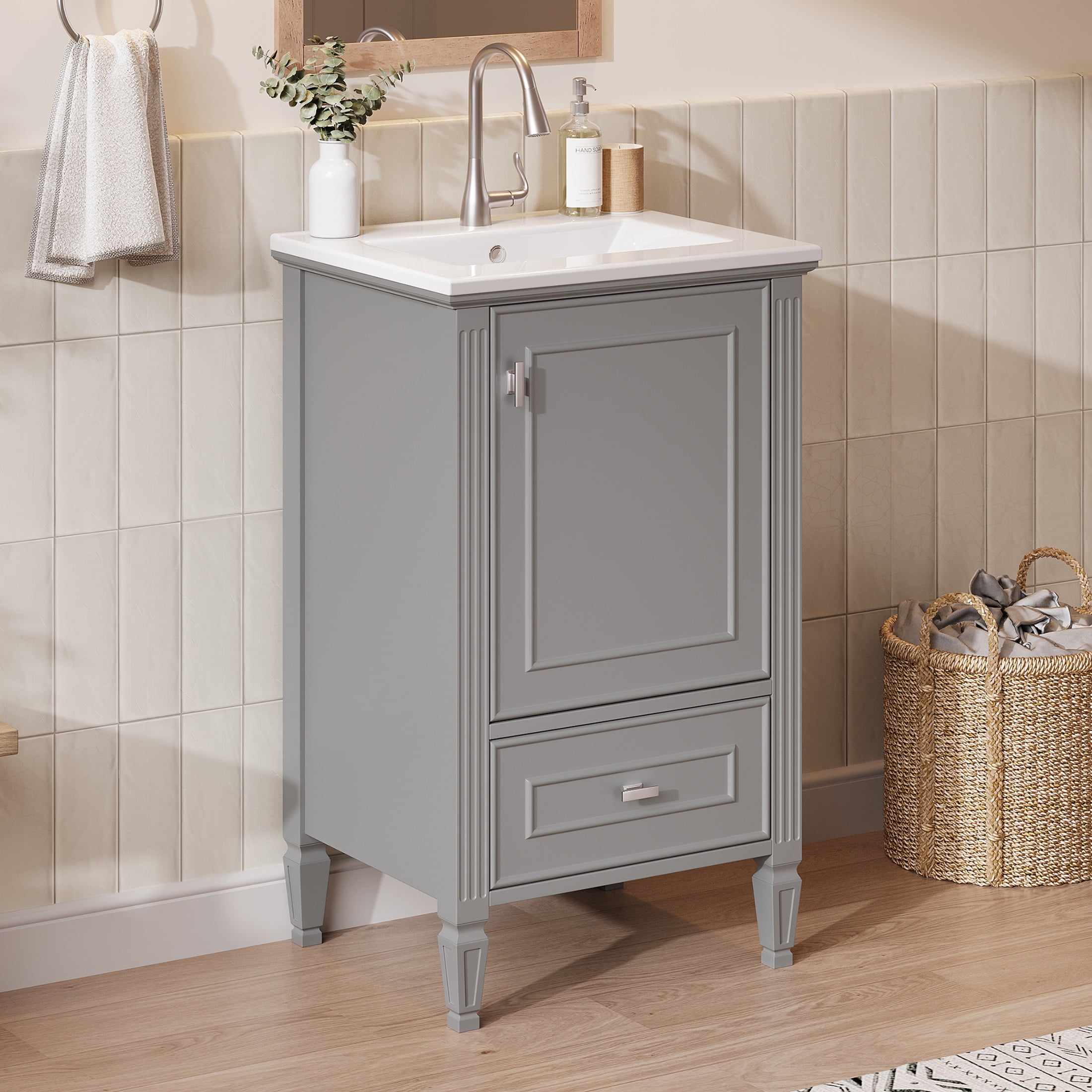 Christopher Knight Home 20" Solid Wood Bathroom Vanity with Sink, Drawer and Soft-Close Door, Gray