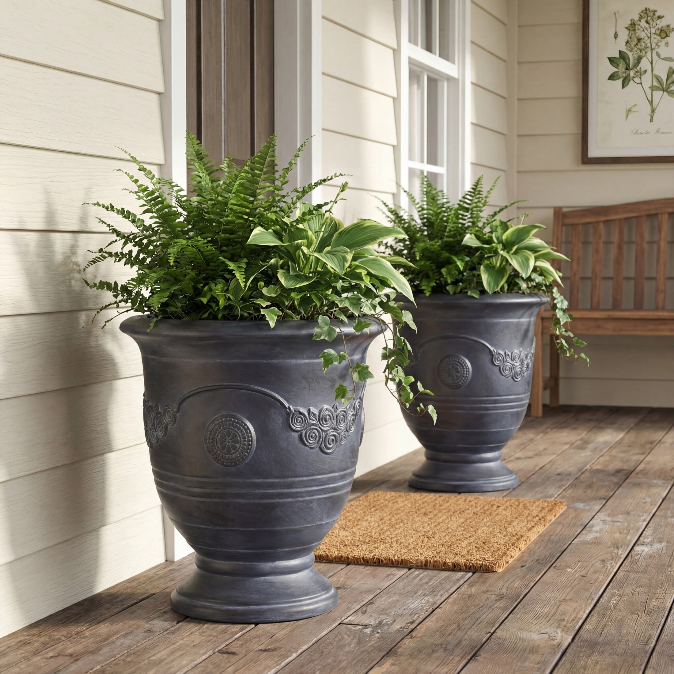 Christopher Knight Home 21.26"H Vintage MGO Outdoor Flower Urn Planter for Garden, Antique Black, Set of 2