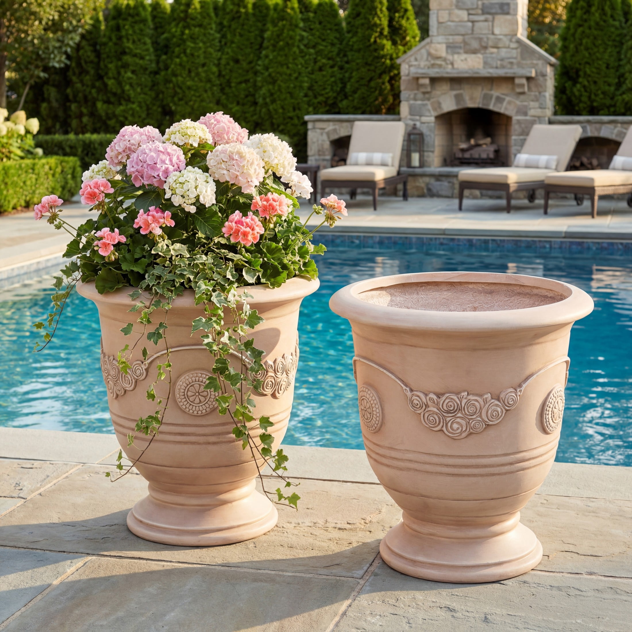 Christopher Knight Home 21.26"H Vintage MGO Outdoor Flower Urn Planter for Garden, Beige Brushed, Set of 2