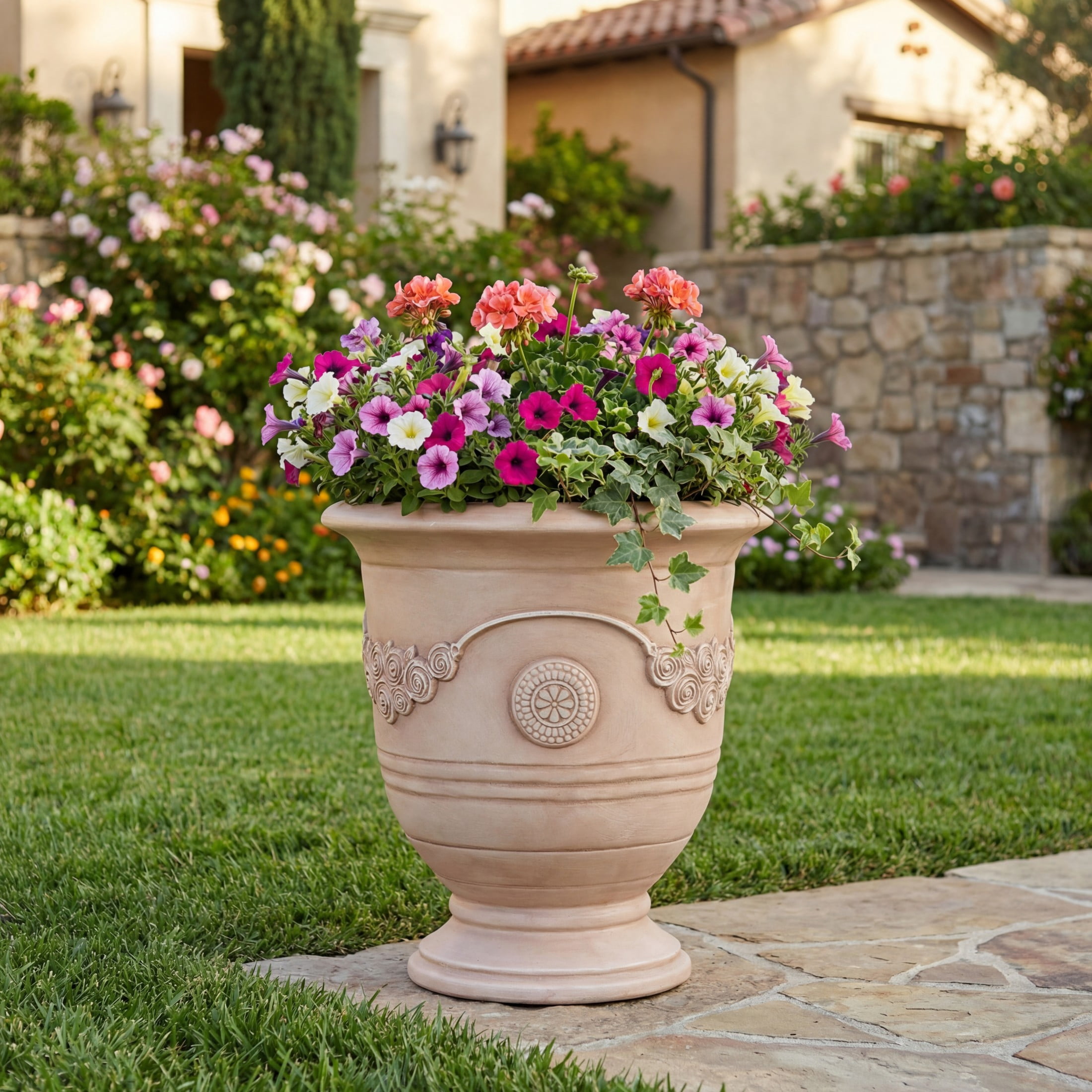 Christopher Knight Home 21.26"H Vintage MGO Outdoor Flower Urn Planter for Garden, Beige Brushed