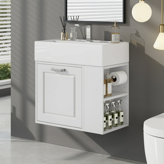 Christopher Knight Home 21.8“ Wall Mounted Bathroom Vanity with Sink, Toilet Paper Holder, White