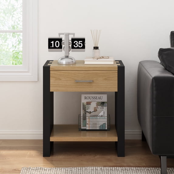 Christopher Knight Home Wooden Nightstand with Drawer, Bedside Table with Open Shelf, Natural+Black