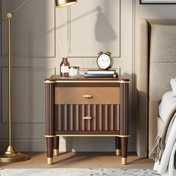 Christopher Knight Home 23.2” Fluted Nightstand with 2 Drawers, Bedside Table with Solid Wood Legs, Walnut