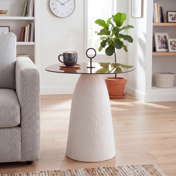 Christopher Knight Home 23.5"H Minimalist Accent Side Table, Brown Glass Top with White Textured Iron Base