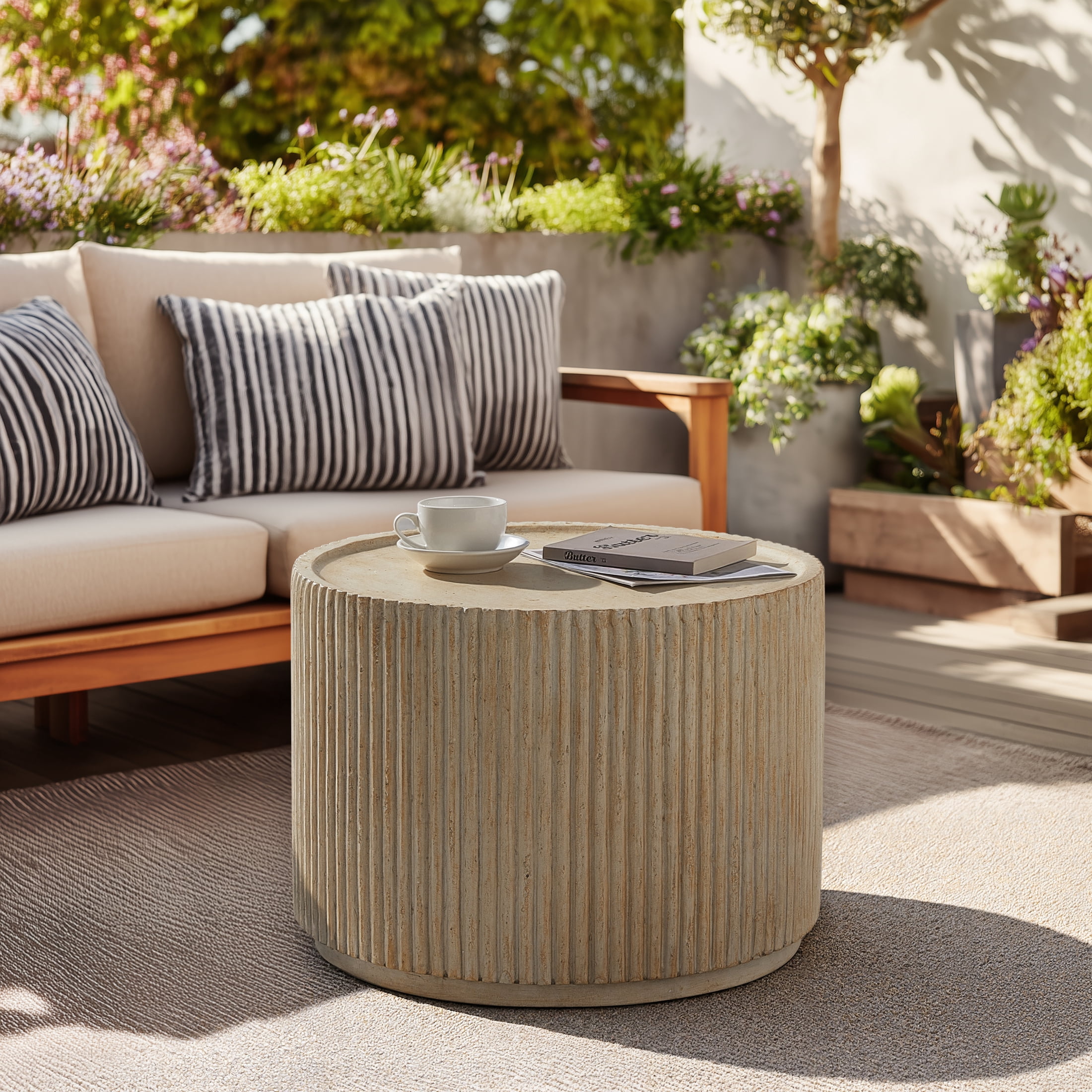 Christopher Knight Home 23.5" MGO Round Fluted Coffee Table, Indoor and Outdoor Use, Natural Travertine