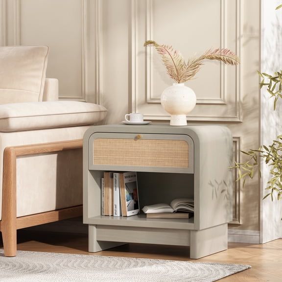 Christopher Knight Home 23.6" Boho Rattan Nightstand, Bedside Table with Drawer & Open Shelf, Sage Green