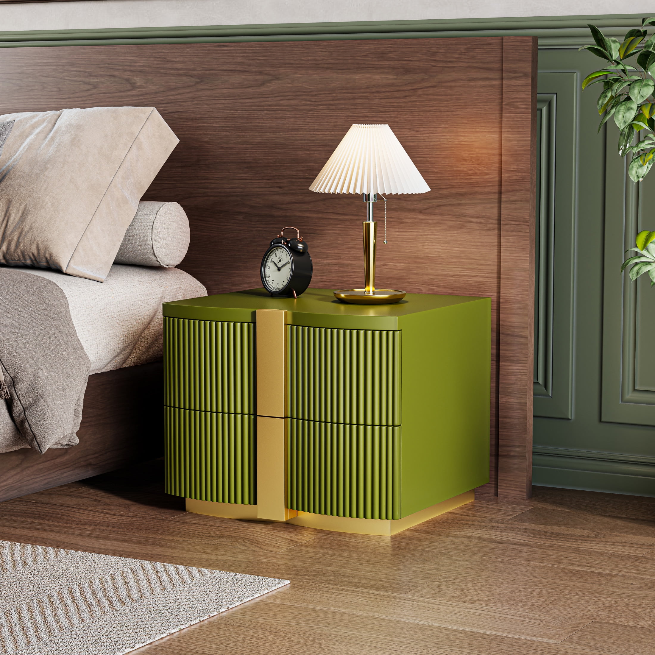 Christopher Knight Home 23.6" Modern Nightstand, 2-Drawer Fluted MDF Bedside Table, Olive Green