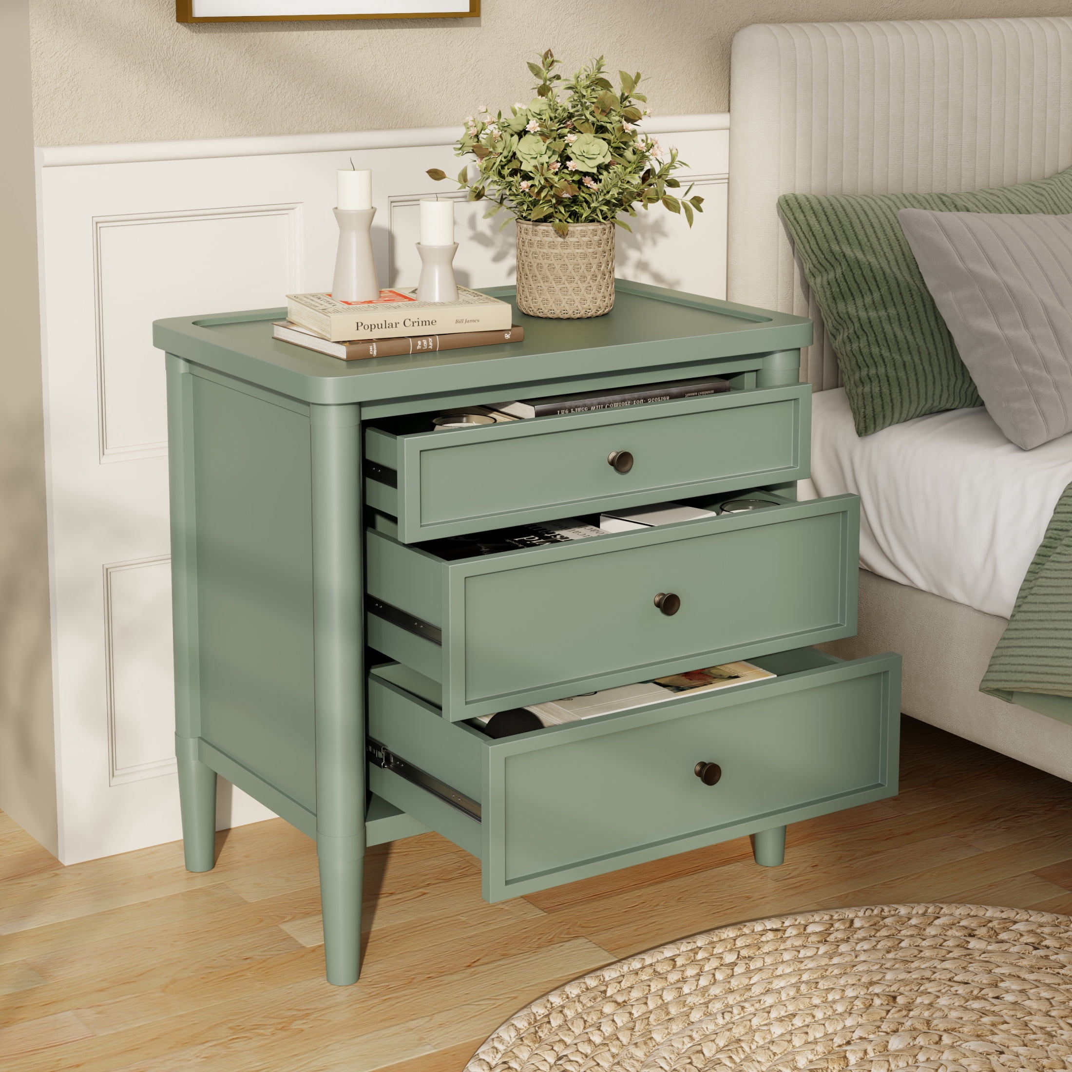 Christopher Knight Home 23.6"W Modern Nightstand with 3 Drawers, Bedside Storage Table, Light Green