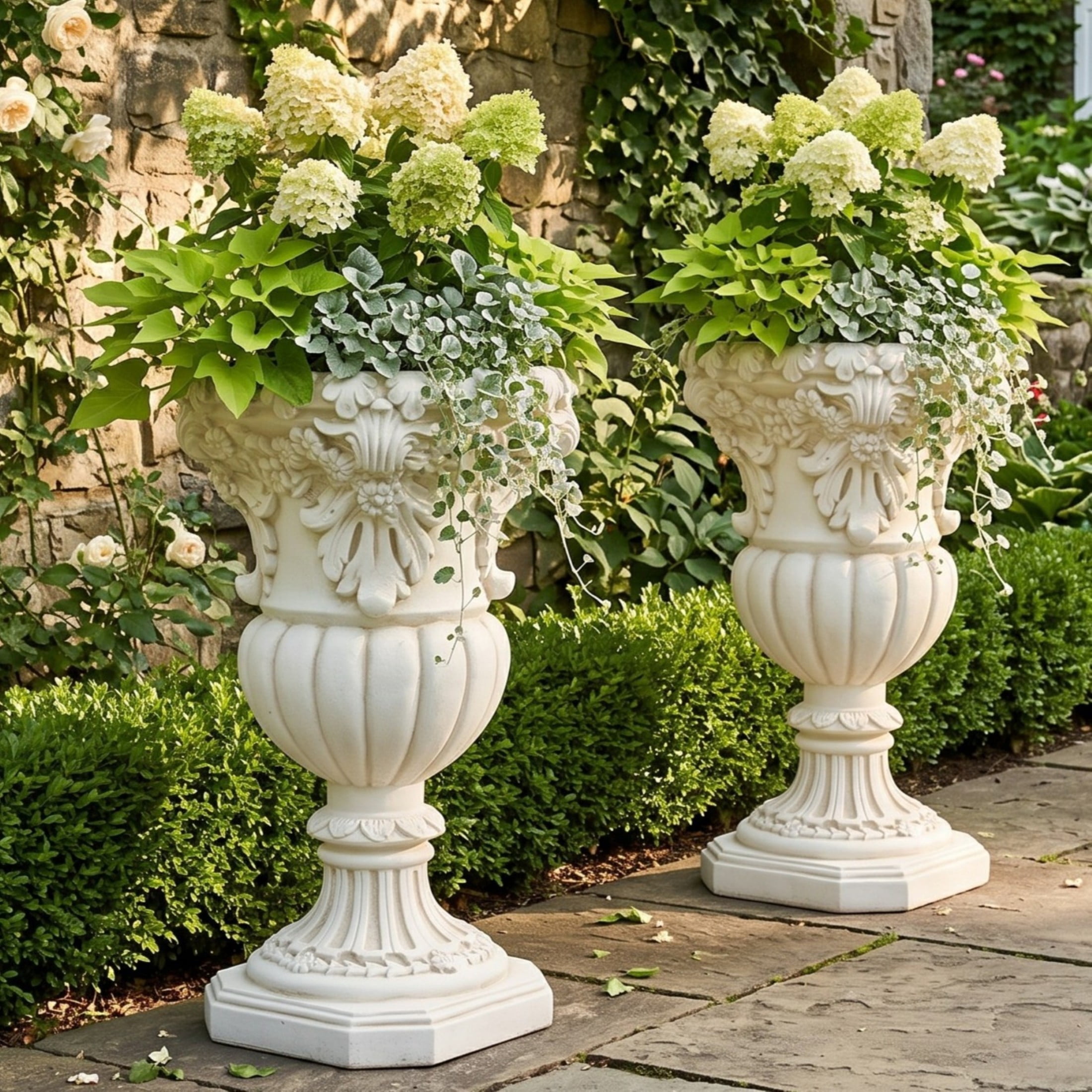 Christopher Knight Home 23"H Classical Floral Relief Urn Planter, Lightweight Decorative Vase, Antique White, Set of 2