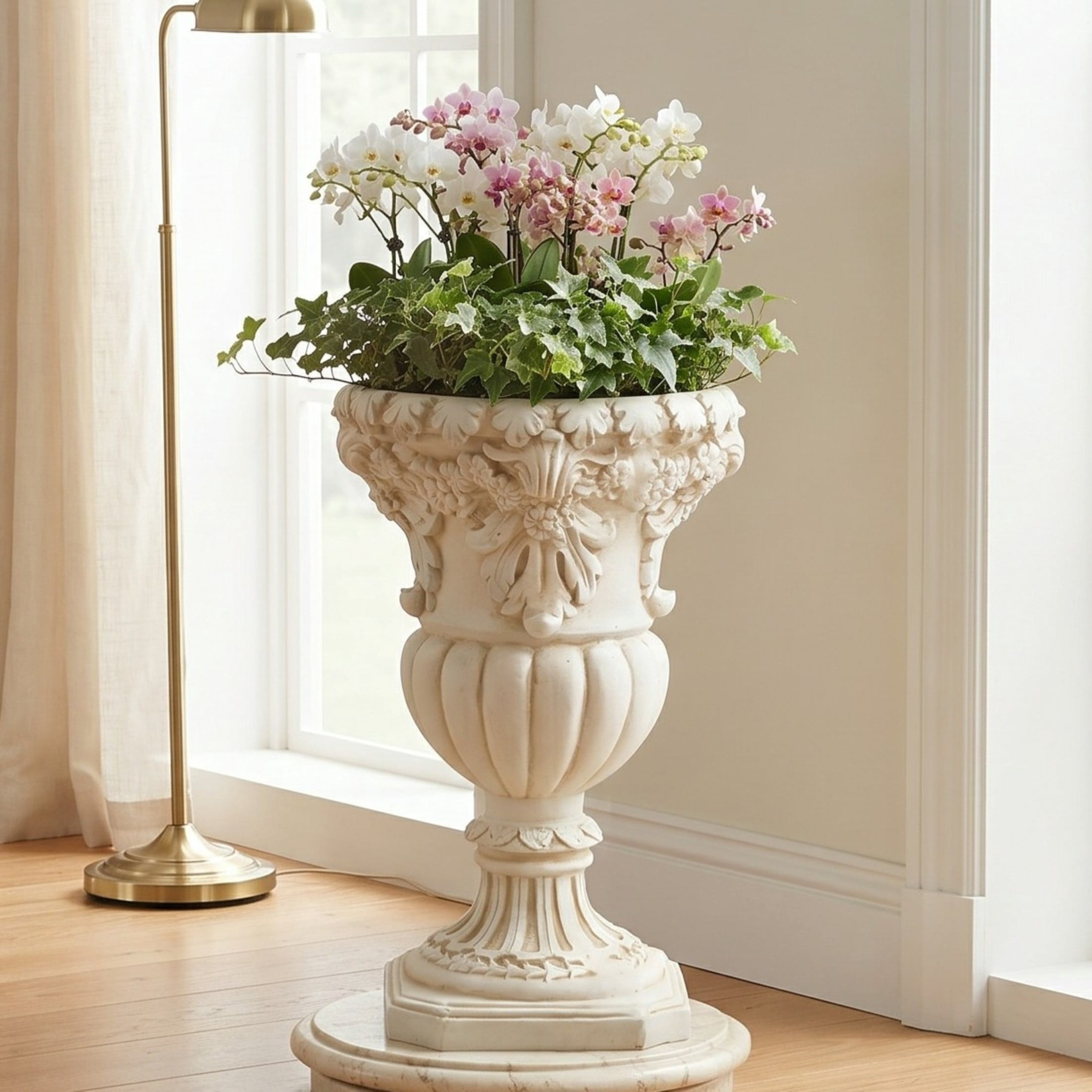 Christopher Knight Home 23"H Classical Floral Relief Urn Planter, Lightweight Decorative Vase, Antique White
