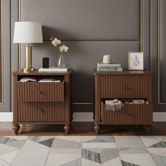 Christopher Knight Home 23" Nightstand with 2 Drawers, Farmhouse Sturdy Wooden Bedside Table, Walnut, Set of 2