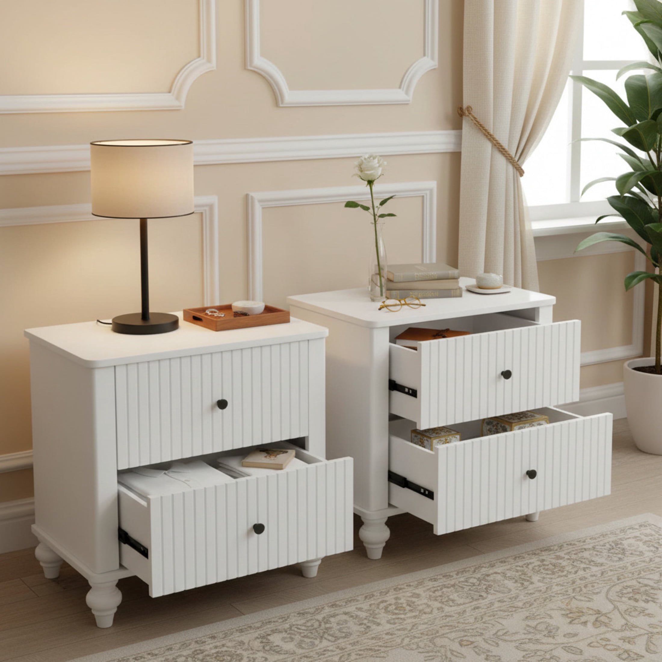 Christopher Knight Home 23" Nightstand with 2 Drawers, Farmhouse Sturdy Wooden Bedside Table, White, Set of 2
