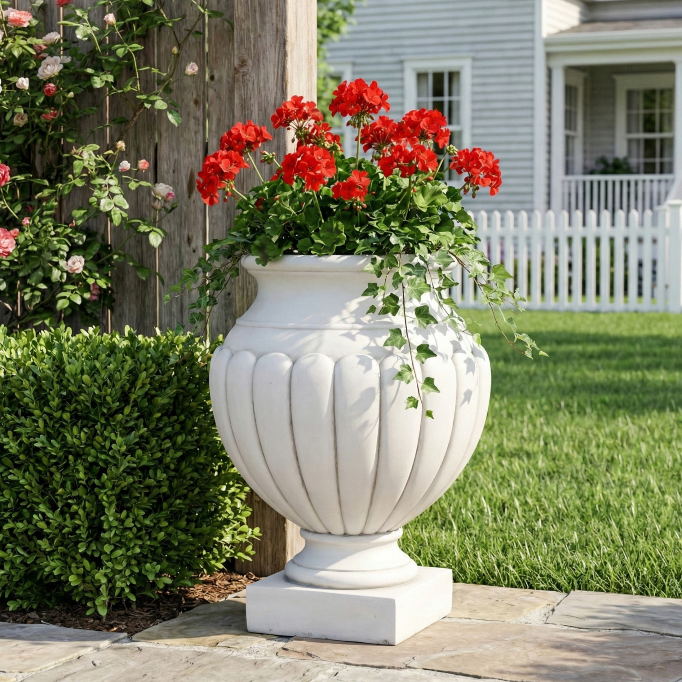 Christopher Knight Home 23" Outdoor Patio MGO Classical Scalloped Pedestal Flower Pot, Antique White