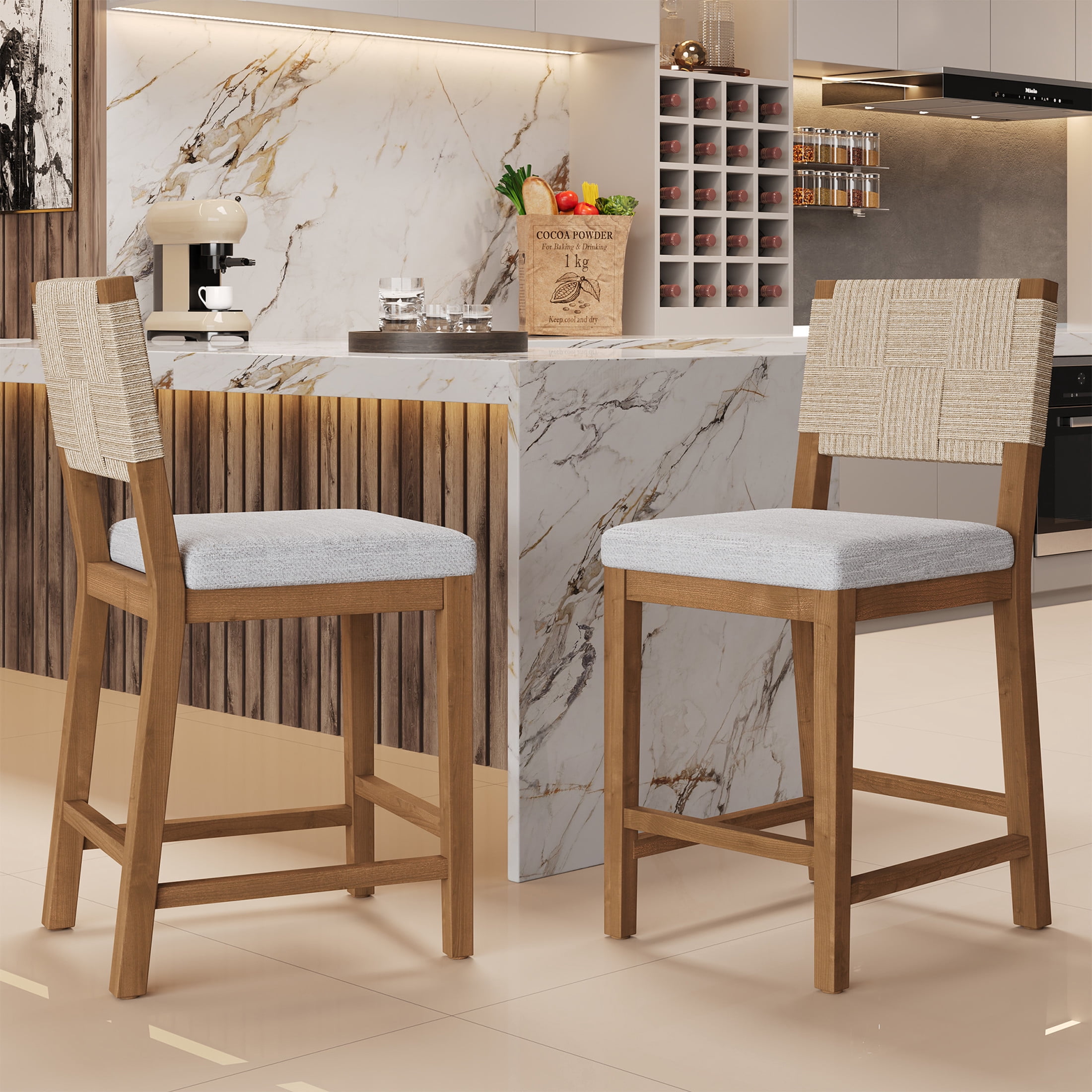 Christopher Knight Home 24.25" Counter Height Bar Stools, Wood Frame, Woven Rattan Back, Brown+Gray, Set of 2