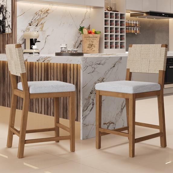 Christopher Knight Home 24.25" Counter Height Bar Stools, Wood Frame, Woven Rattan Back, Brown+Gray, Set of 2