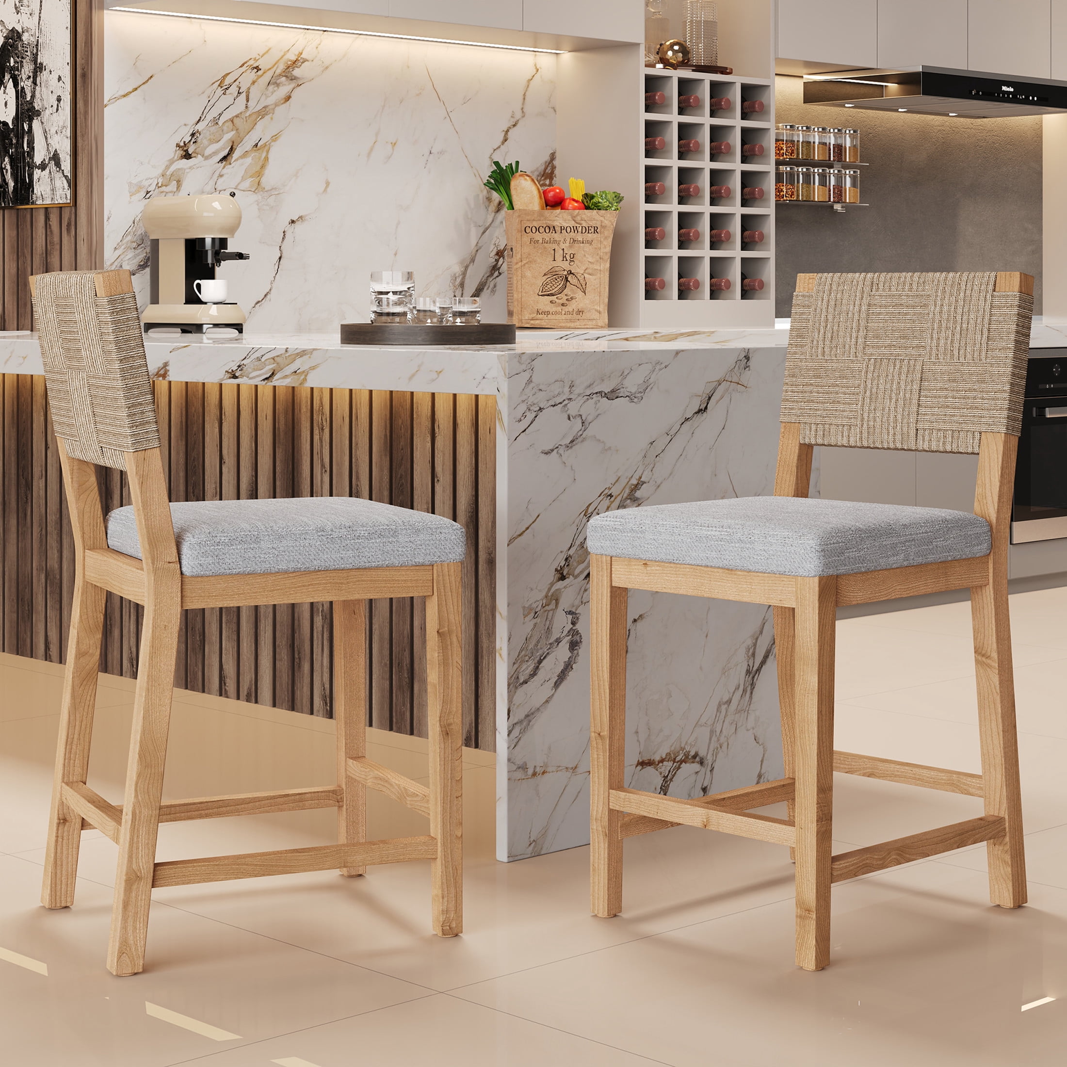 Christopher Knight Home 24.25" Counter Height Bar Stools, Wood Frame, Woven Rattan Back, Natural+Gray, Set of 2