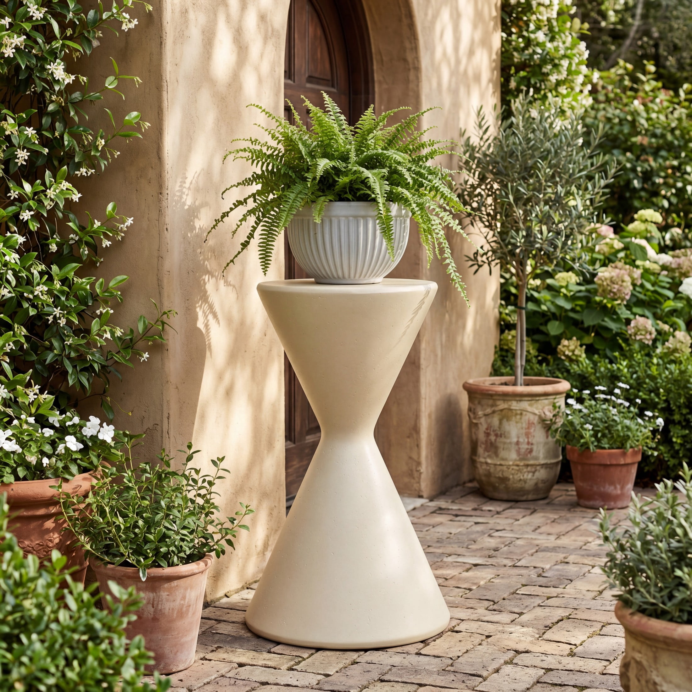 Christopher Knight Home 24.4"H Modern Round Garden Pedestal, Indoor Outdoor MGO Plant Stand, Beige