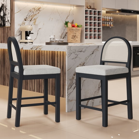 Christopher Knight Home 24.5" Counter Stools, Black Wood Frame, Rattan Woven Back, Gray Cushion, Set of 2