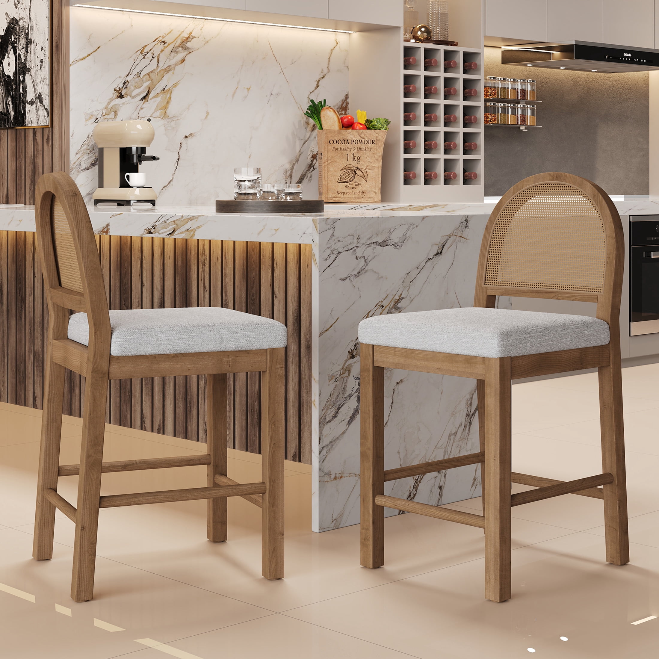 Christopher Knight Home 24.5" Counter Stools, Brown Wood Frame, Rattan Woven Back, Gray Cushion, Set of 2