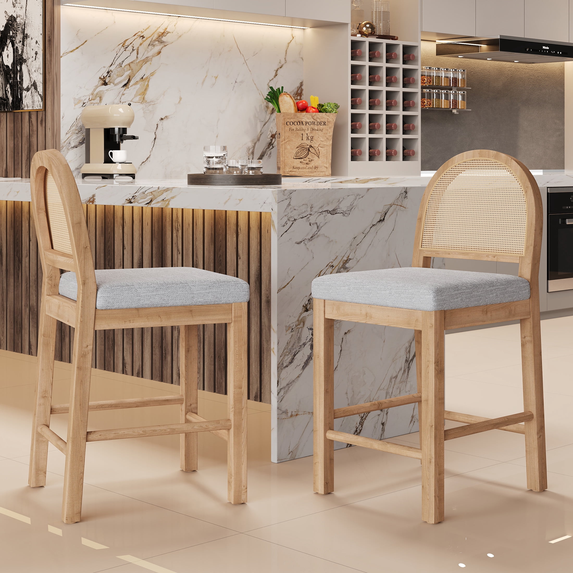 Christopher Knight Home 24.5" Counter Stools, Natural Wood Frame, Rattan Woven Back, Gray Cushion, Set of 2