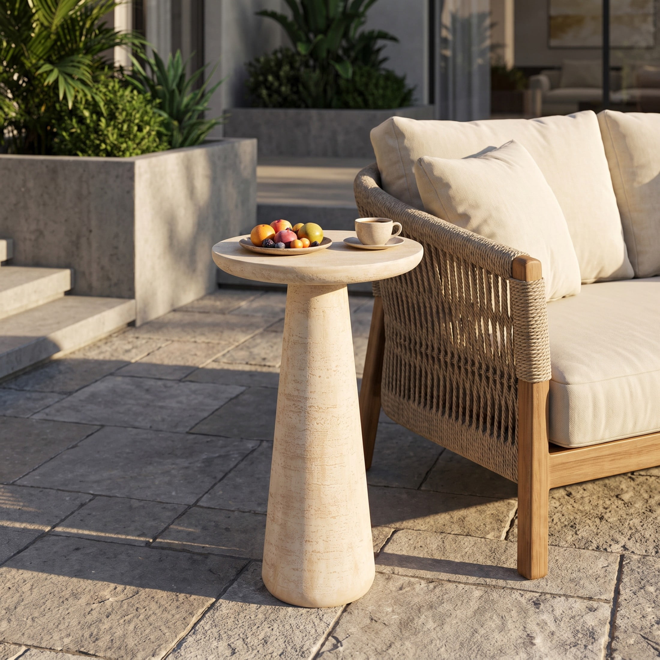 Christopher Knight Home 24.5" MGO Outdoor Round Top Side Table, Travertine Pedestal Drink Table