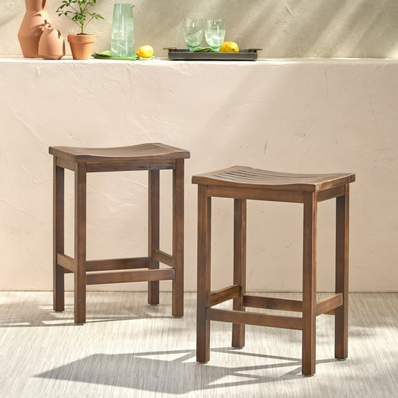Christopher Knight Home 24.5" Outdoor Acacia Wood Backless Counter Height Bar Stools, Mahogany Brown, Set of 2