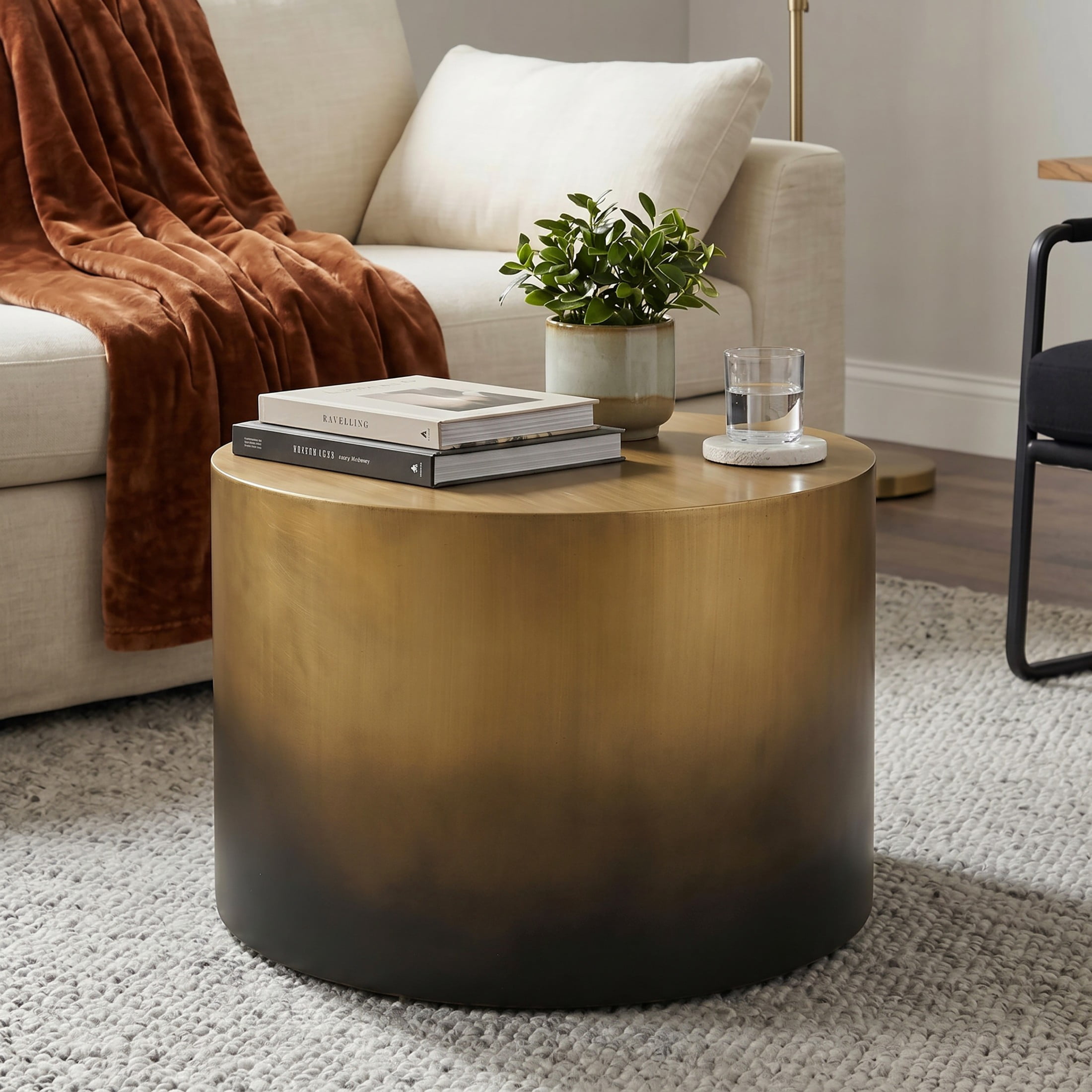Christopher Knight Home 24.8"W Iron Cylinder Round Coffee Table, Modern Drum Accent Table, Antique Brass
