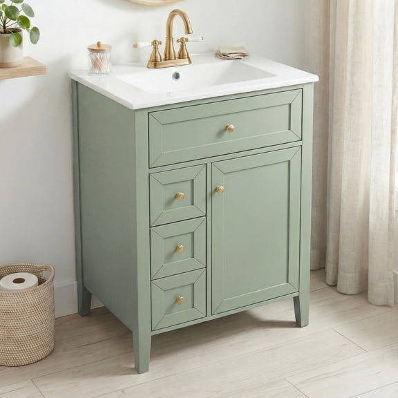 Christopher Knight Home 24" Bathroom Vanity with Ceramic Sink, Tip-Out Drawer & Storage, Light Green