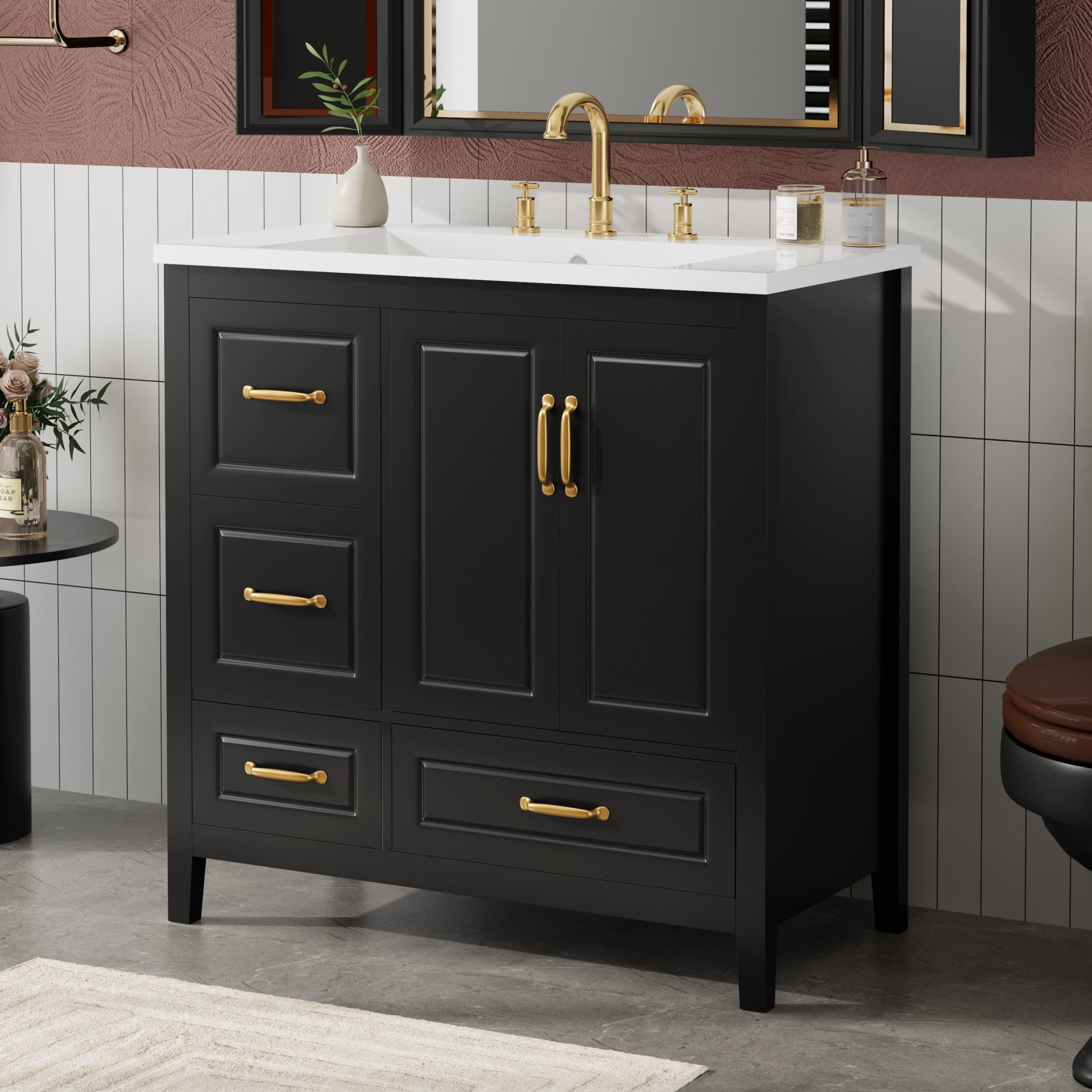 Christopher Knight Home 24" Bathroom Vanity with Sink, Soft-Close Cabinet & Drawers, Black Metal Handles, Black