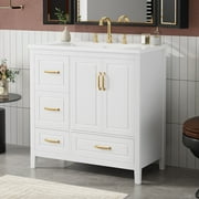 Christopher Knight Home 24" Bathroom Vanity with Sink, Soft-Close Cabinet & Drawers, Black Metal Handles, White