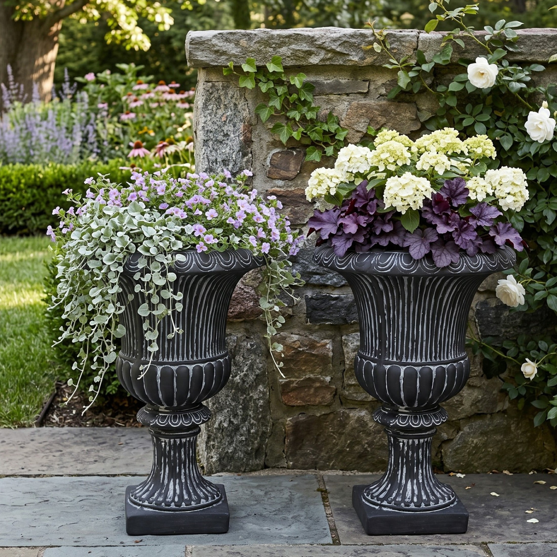 Christopher Knight Home 24"H Classical Fluted Urn Planter, Lightweight Flower Pot, Antique Black, Set of 2