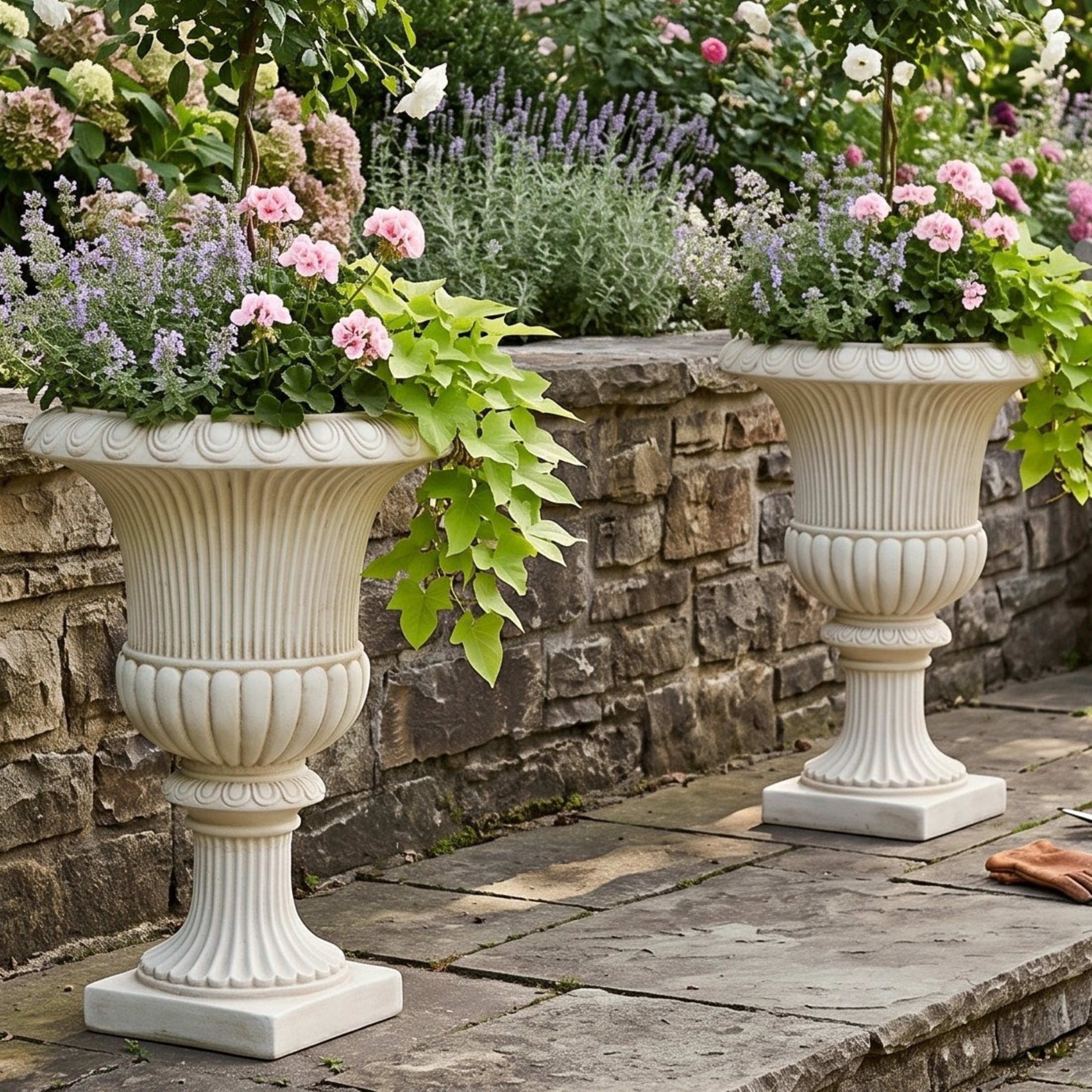 Christopher Knight Home 24"H Classical Fluted Urn Planter, Lightweight Flower Pot, Antique White, Set of 2
