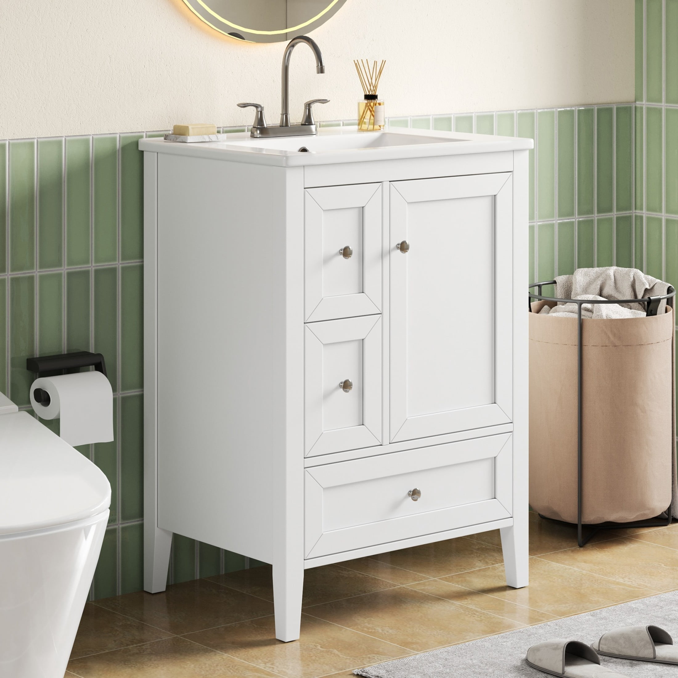 Christopher Knight Home 24" Modern Bathroom Vanity with Sink, Soft-Close Drawers and Door, White