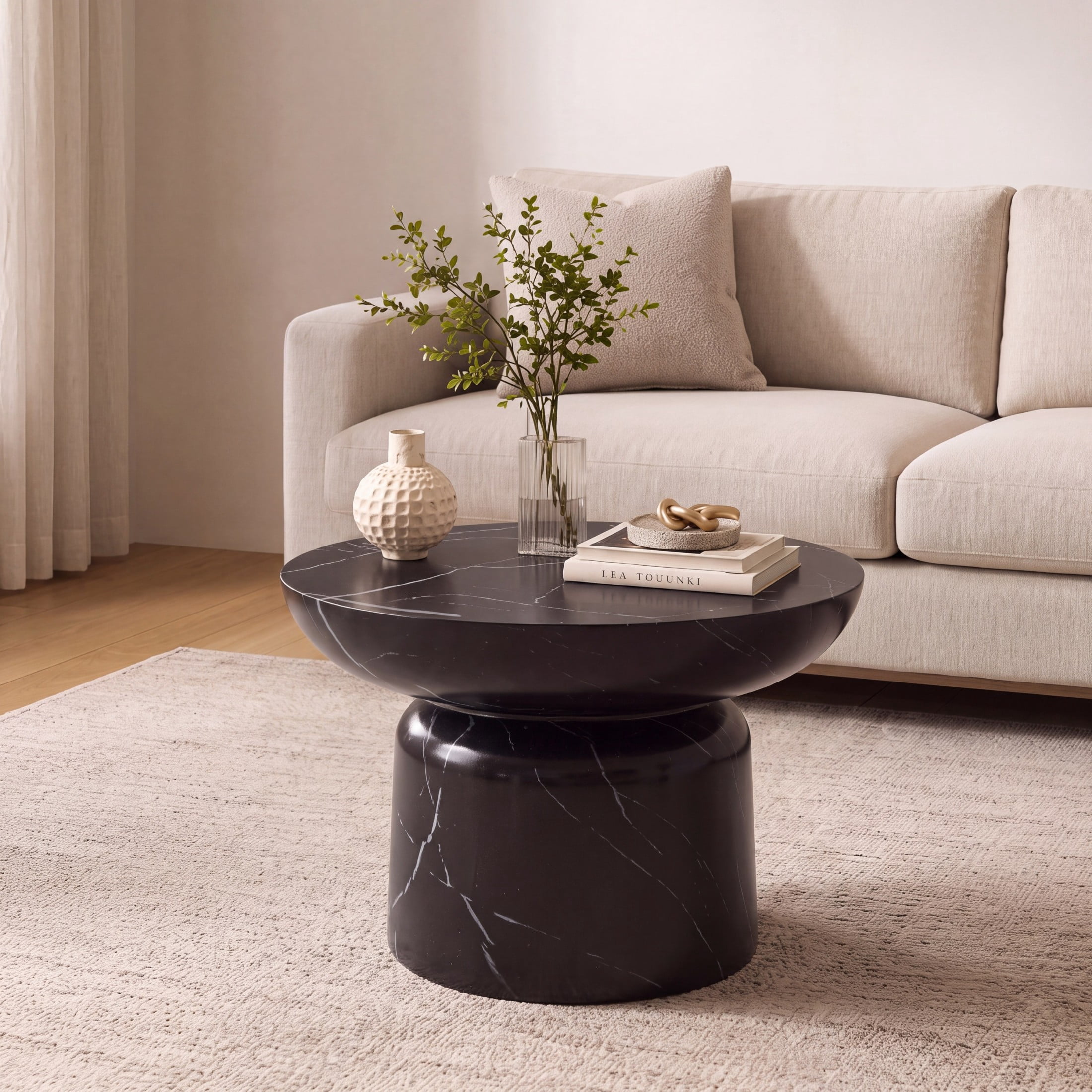 Christopher Knight Home 24" Modern Round MGO Coffee Table, Indoor Outdoor Use, Black Marble Effect