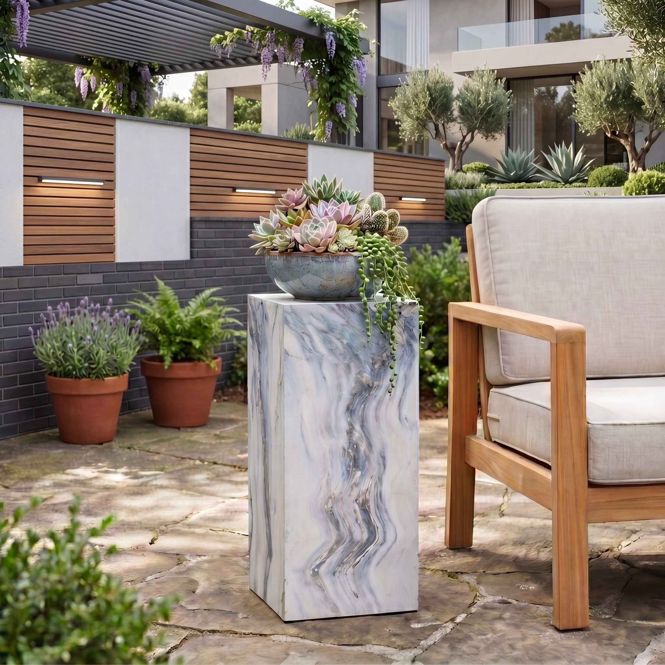 Christopher Knight Home 25.2"H Indoor Outdoor Handcrafted Modern Pedestal Plant Stand, Marble Effect