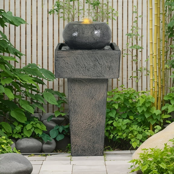 Christopher Knight Home 25.5" Minimal Concrete Column Fountain with LED Light, Modern Outdoor Landscape, Gray