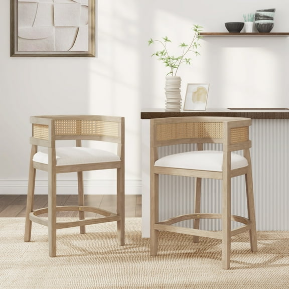 Christopher Knight Home 25.5" Upholstered Counter Stools, Wood Frame with Rattan Back, Light Ash, Set of 2