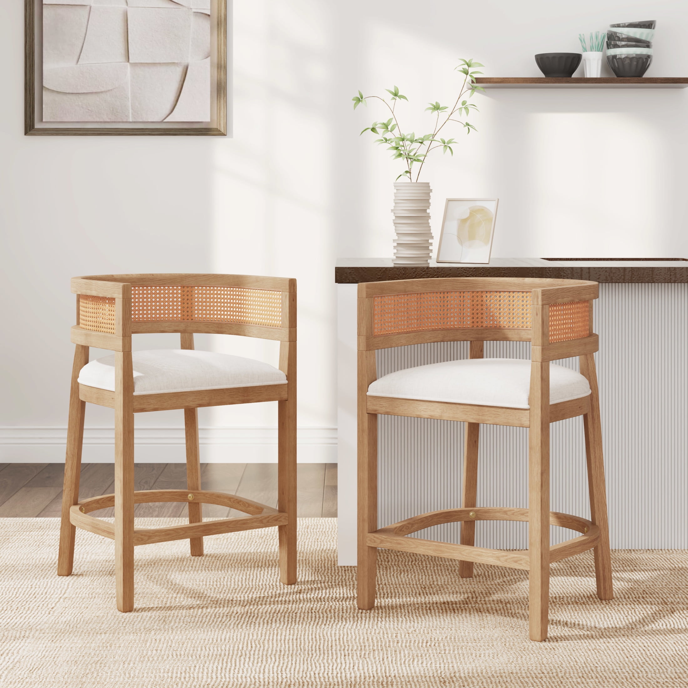 Christopher Knight Home 25.5" Upholstered Counter Stools, Wood Frame with Rattan Back, Natural, Set of 2