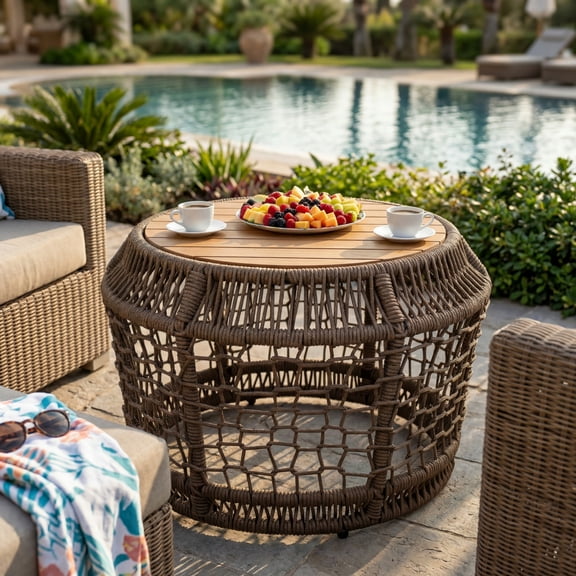 Christopher Knight Home 25.6" Coastal Round Wood Side Table with Rope Frame, Weather-Resistant, Gray