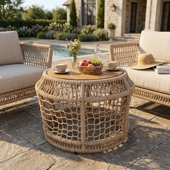 Christopher Knight Home 25.6" Coastal Round Wood Side Table with Rope Frame, Weather-Resistant, Light Beige