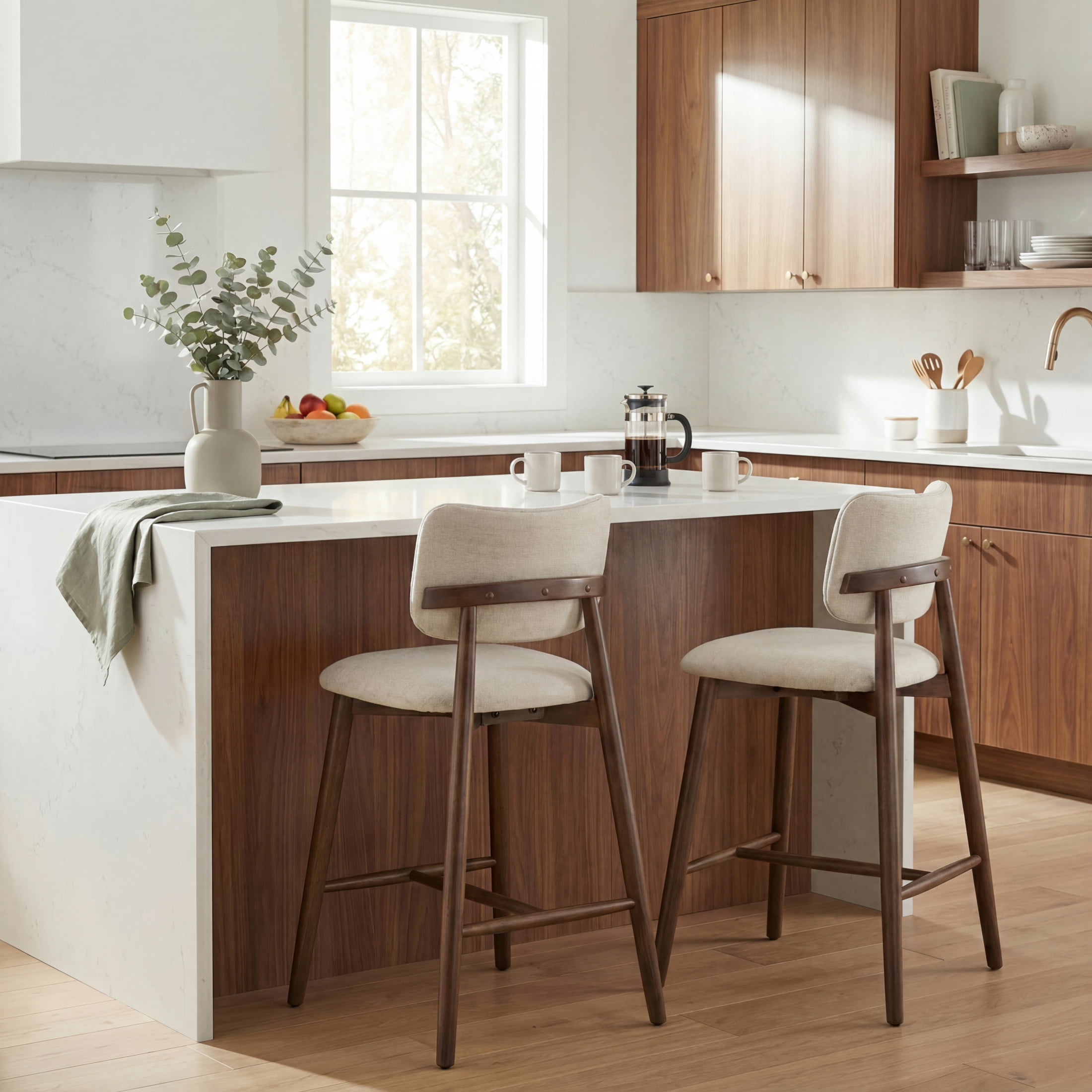 Christopher Knight Home 25.7" Modern Counter Height Bar Stools Set of 2, Rubberwood Frame, Beige+Walnut