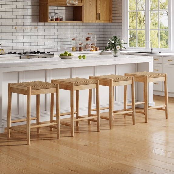 Christopher Knight Home 25.8" Boho Bar Stools, Backless Chairs with Wicker Seat, Wood Frame, Natural, Set of 4